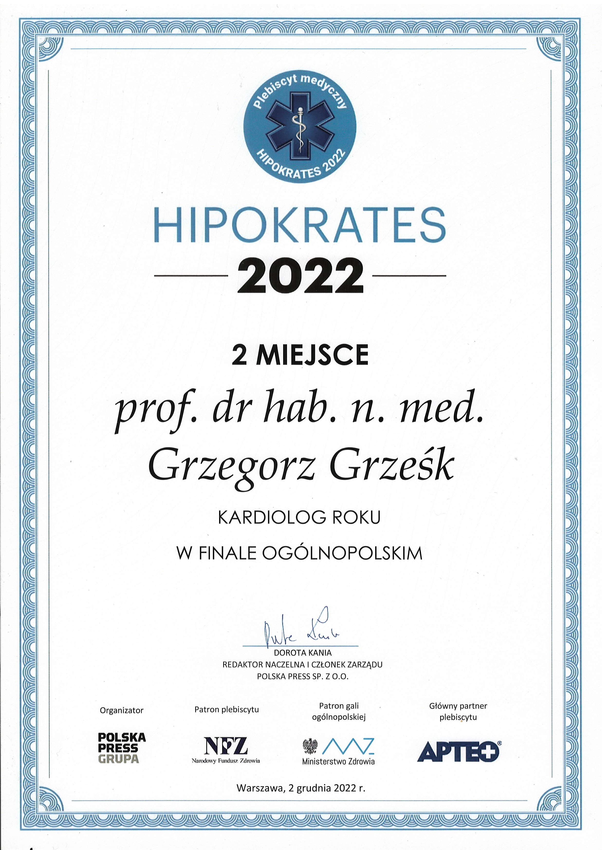 Hipokrates 2022 — drugie miejsce, Kardiolog Roku