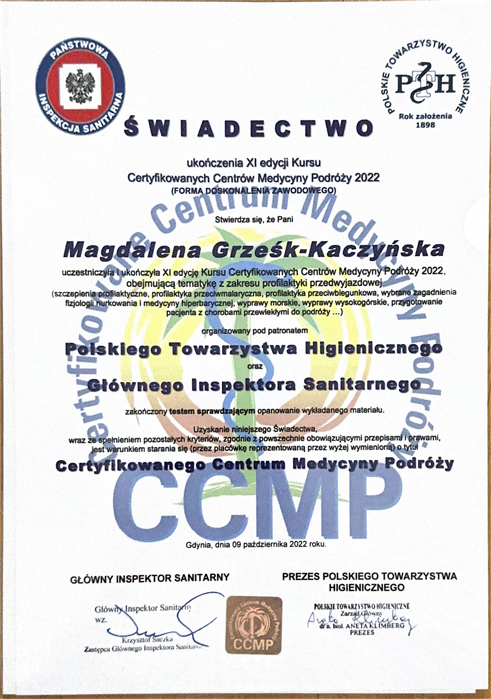 Certyfikat Centrum Medycyny Podróży
