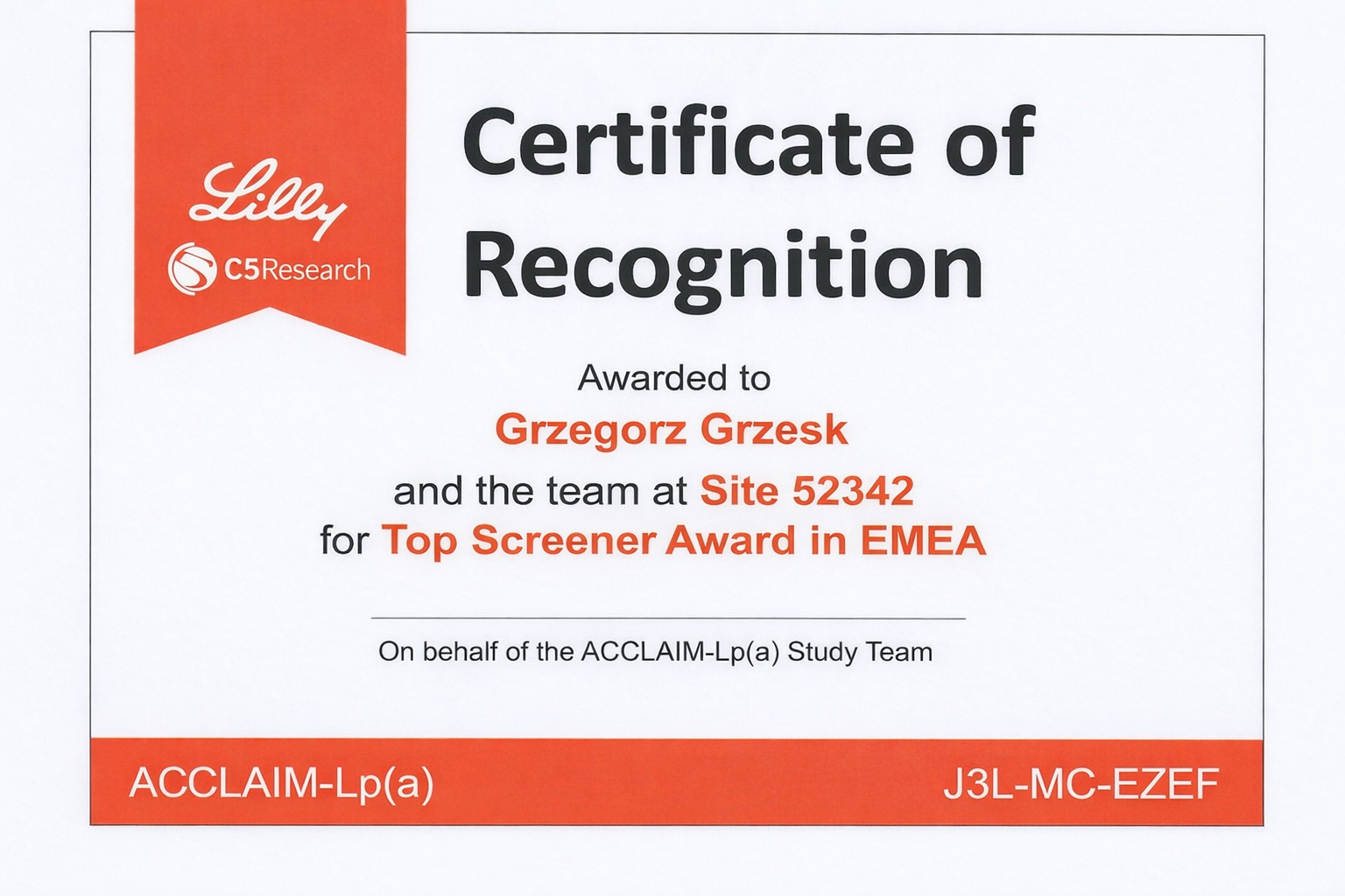 Certificate of Recognition — Top Screener Award in EMEA