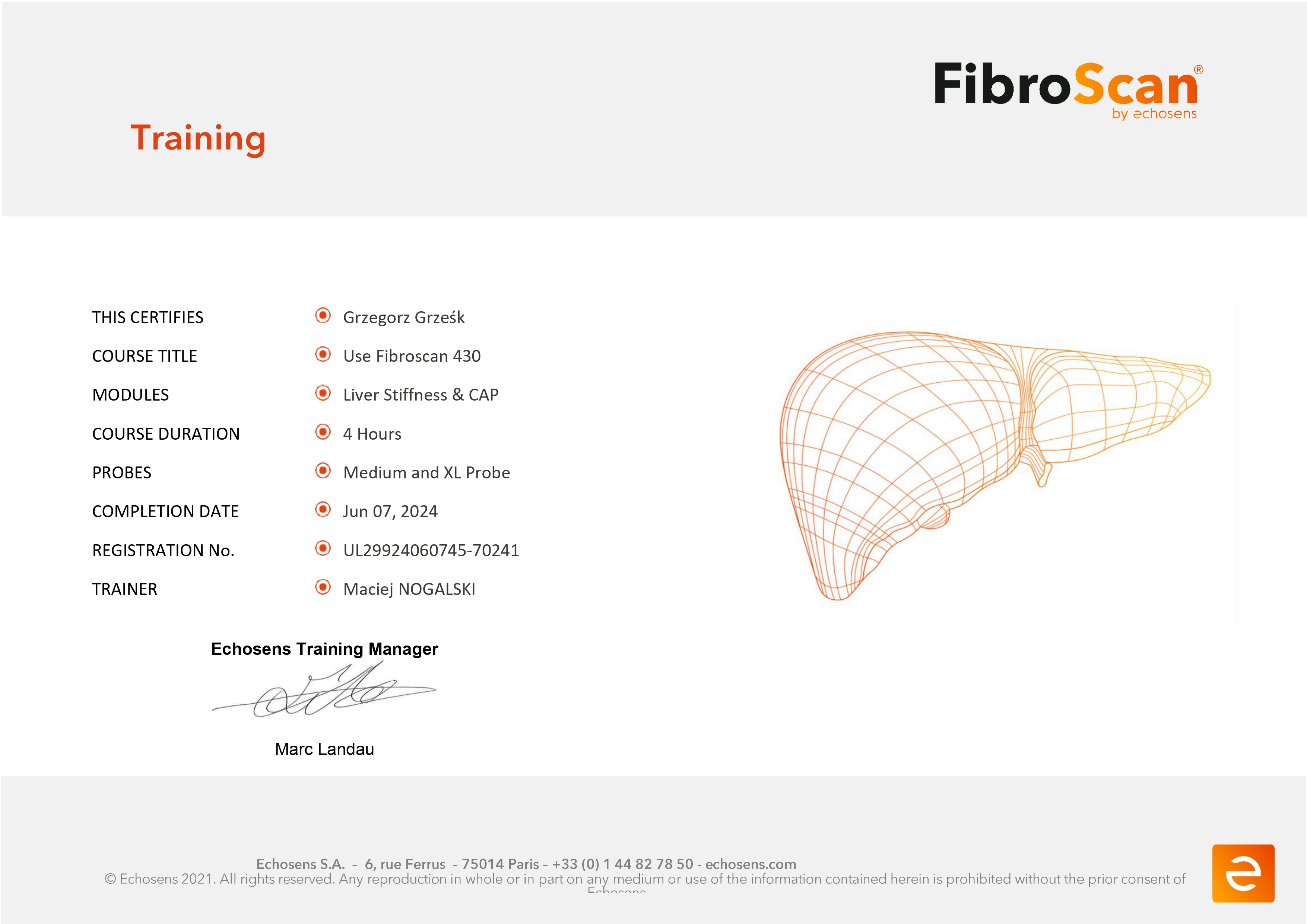 Certyfikat szkolenia FibroScan — Grzegorz Grześk